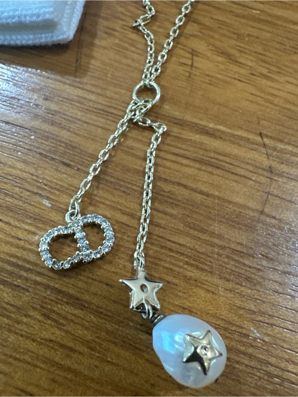 Christian Dior CD Logo Pearl Star Long Necklace White Tone Lucky Charms - Picture 6 of 6